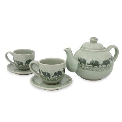 Celadon ceramic tea set, 'Happy Elephants' (set for 2)