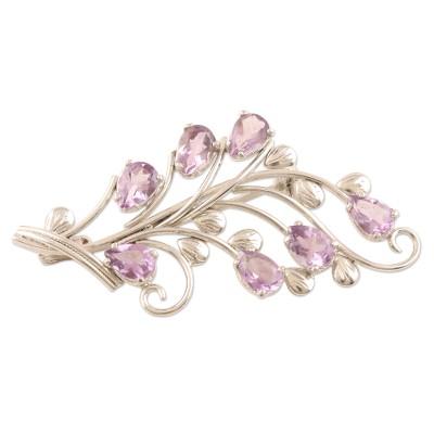 Flowering Lilac,'Handmade Rhodium-Plated Amethyst Brooch'