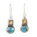 Glittering Combo,'Square Citrine and Composite Turquoise Dangle Earrings'