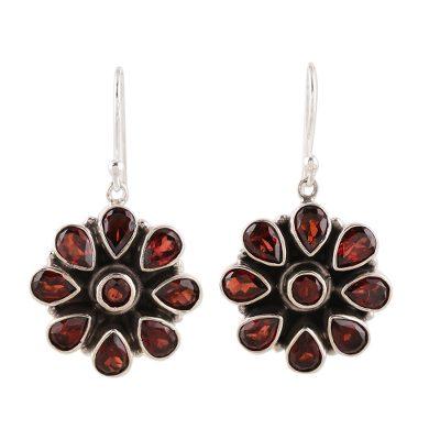 Floral Glitter,'Circular 8.5-Carat Garnet Dangle Earrings from India'