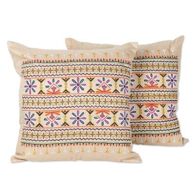 Merry Meeting,'Embroidered Cotton Cushion Covers from India (Set of 2)'