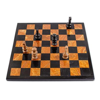 Earthen Challenge,'Brown and Black Marble Chess Set Crafted in Mexico'