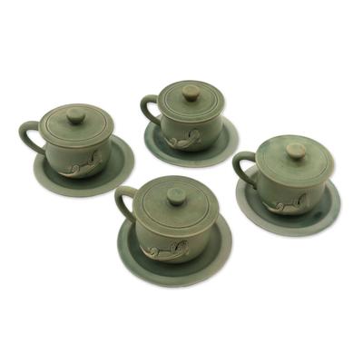 Ceramic cups and saucers, 'Green Geckos' (set for 4)