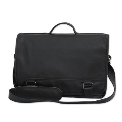 Universal in Black,'Black Leather Laptop Bag from Brazil (Double)'