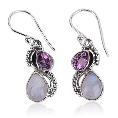 Two Teardrops,'Silver and Rainbow Moonstone Earrings with Faceted Amethyst'