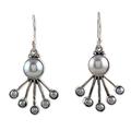 Sea Crown,'Modern Sterling Silver Dangle Earrings with Cream Pearls'