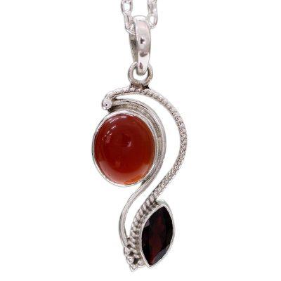 Carnelian and garnet pendant necklace, 'Colorful Curves'