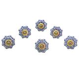 Radiant Blue Flowers,'Ceramic Brass Cabinet Knobs Floral (Set of 6) from India'