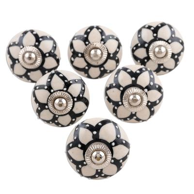 Blooming Magic,'Set of 6 Floral Ceramic Knobs from India'