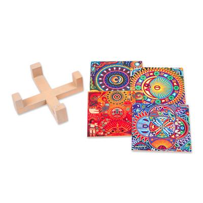 Huichol Sun and Moon,'Four Decoupage Pinewood Mexi...