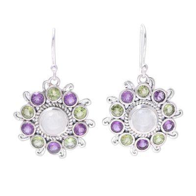 Goddess Blooms,'Sterling Silver Rainbow Moonstone Floral Dangle Earrings'