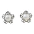 'Cultured Pearl Rhodium-Plated Brass Flower Button Earrings'