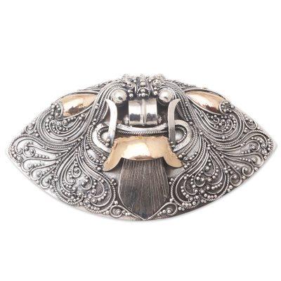 Balinese Rangda,'Gold-Accented Sterling Silver Brooch'