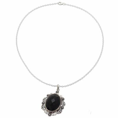 Floral Midnight Allure,'Sterling Silver and Faceted Onyx Floral Necklace from India'