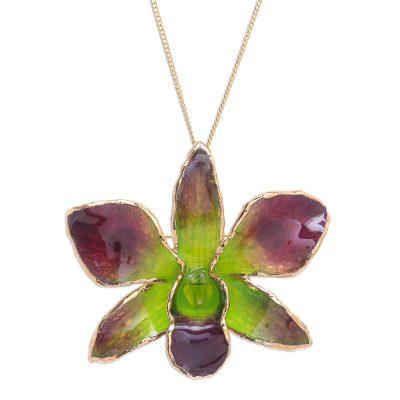 'Gold-Plated Green Orchid Petal Pendant Necklace a...