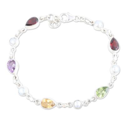 'Sterling Silver Multi-Gemstone Link Bracelet from India'