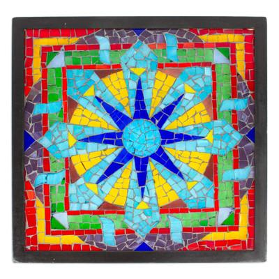 Mexican Mandala,'Colored Glass Mosaic Wall Hanging in Floral Design Mexico'