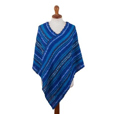 Sierra Sky,'Hand Woven Blue Baby Alpaca Blend Ponc...