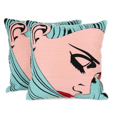 Nostalgia,'Comic Book-Style Embroidered Cotton Cushion Covers (Pair)'
