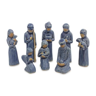 Celadon ceramic nativity scene, 'Thai Holy Birth in Blue' (set of 8)