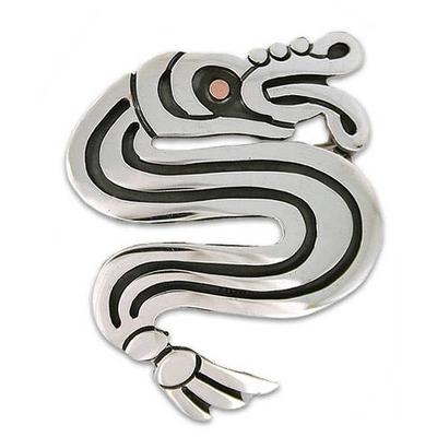 Sterling silver brooch pin pendant, 'Aztec Serpent'