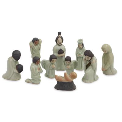 Celadon ceramic nativity scene, 'Siam Holy Birth in Green' (set of 10)