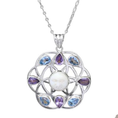 Matahari,'Blue Topaz and Amethyst Sun Face Pendant Necklace from Bali'