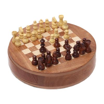Fun Times,'Handcrafted Round Acacia and Kadam Wood Chess Set from India'