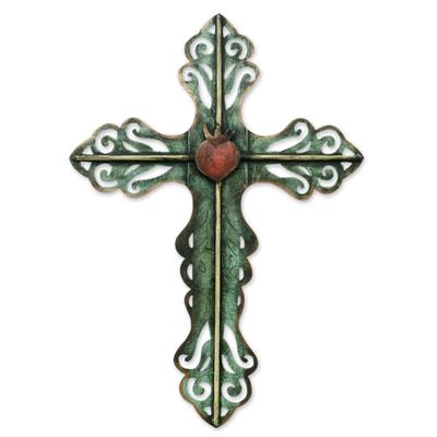 'Cross and the Sacred Heart' - Hand Made Cross Green Religious Steel Wall Sculpture