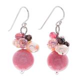 Pink Summer,'Pink Quartz and Pearl Dangle Earrings Crafted in Thailand'