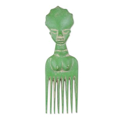 'Wood Comb-Shaped Wall Art in Bright Green from Ghana'