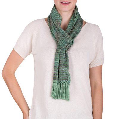 Sage Green Love,'Green and Purple Handwoven Striped Rayon Scarf'