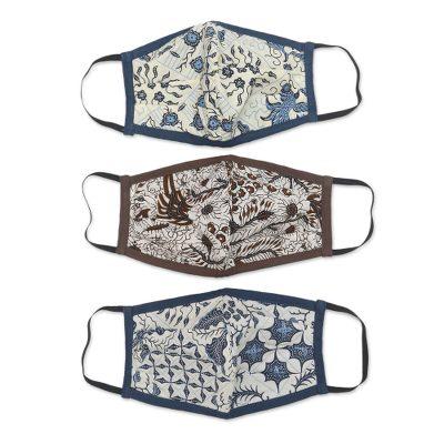 Batik Beauty,'Set of 3 Cotton Face Masks with Elastic Ear Loops'