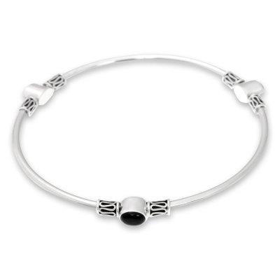 'Silver and Onyx Balinese-Style Bangle Bracelet (large)'