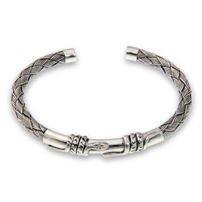 Sterling silver cuff bracelet, 'Balinese Serpents'