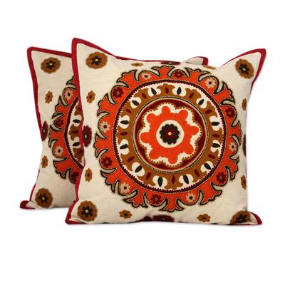 Beaded cotton cushion covers, 'Orange Mandala' (pair)