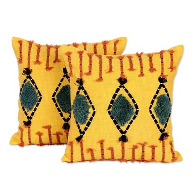Diamond Mine,'Cotton Cushion Covers with Tufted Embroidery (Pair)'
