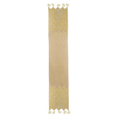 Classic Honeycomb,'Cotton Jute Beige Beaded Embroidered Table Runner'