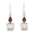 Dual Love,'Rainbow Moonstone & Garnet Sterling Silver Dangle Earrings'