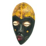 'Hand-Carved Black and Yellow African Wood Mask from Ghana'