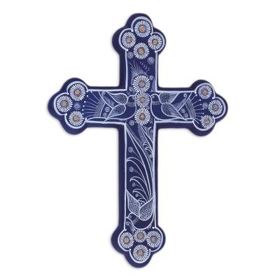 Serenity Cross,'Blue with White Doves and Flowers Hand Painted Ceramic Cross'