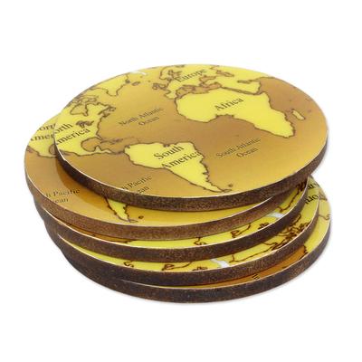 Brown Cartography,'5 Round Laminated Wood Coasters...