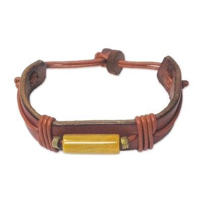 Fusion in Tan,'Handcrafted Men's Horn and Leather Wristband Bracelet'