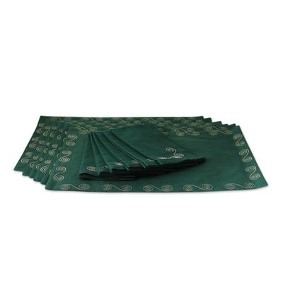 Cotton placemat and napkin set, 'Majestic Green' (set of 6)