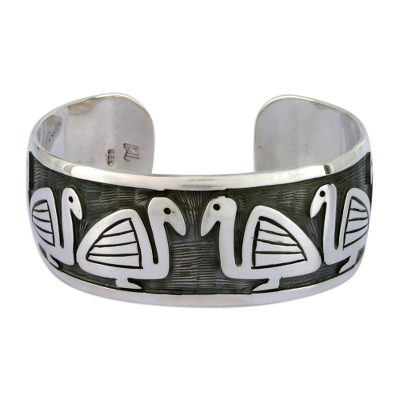 Sterling silver cuff bracelet, 'Pre-Hispanic Ducks'