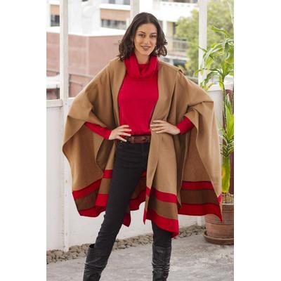 Regal Fashion Chic,'Red Trim Generous Tan Baby Alpaca Roana Cloak from Peru'