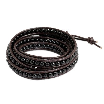 Black Sun,'Hand Knotted Onyx and Leather Wrap Bracelet from Thailand'