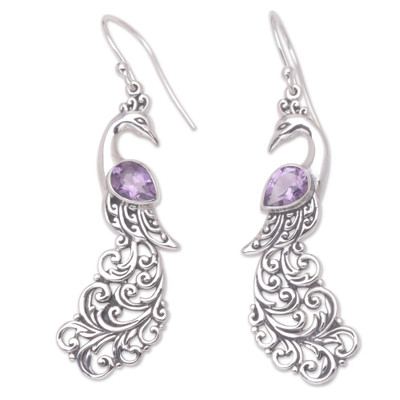Purple Peacock Queen,'Sterling Silver and Amethyst Dangle Earrings with Peacocks'