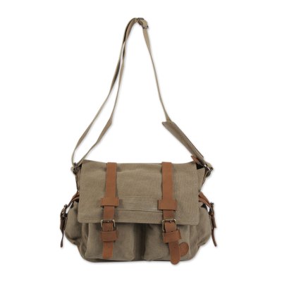 Leather accent cotton messenger bag, 'Journey to Puno'