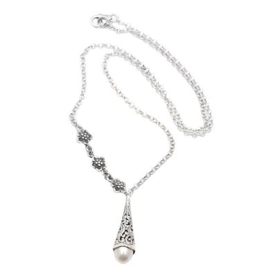 Floral Lantern,'Floral Sterling Silver Pendant Necklace with Grey Pearl'